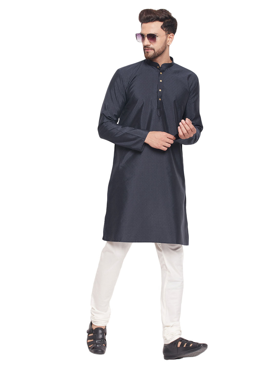 Men's Classic Ethnic Motif Jacquard Silk Blend Kurta With Golden Buttons And Cream Pyjama - Vastramay