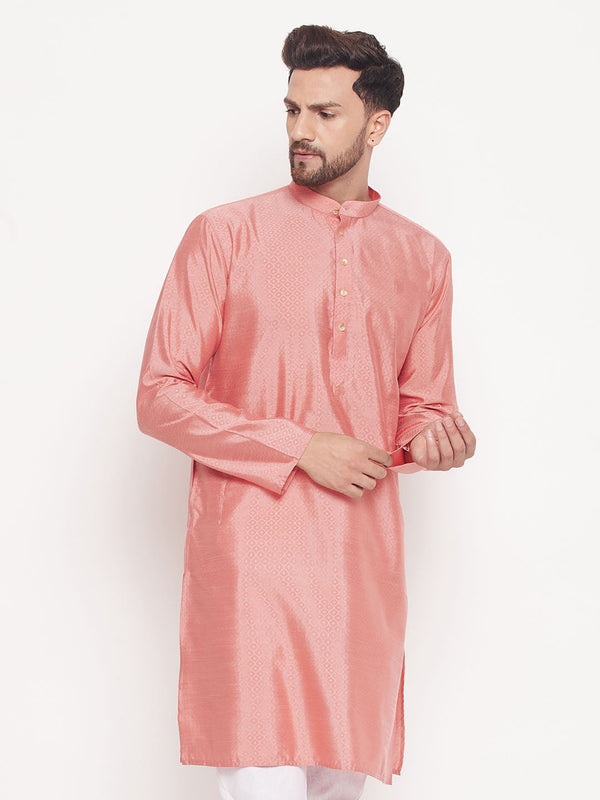 Jashvi Men's Pink Square Woven Design Silk Blend Kurta