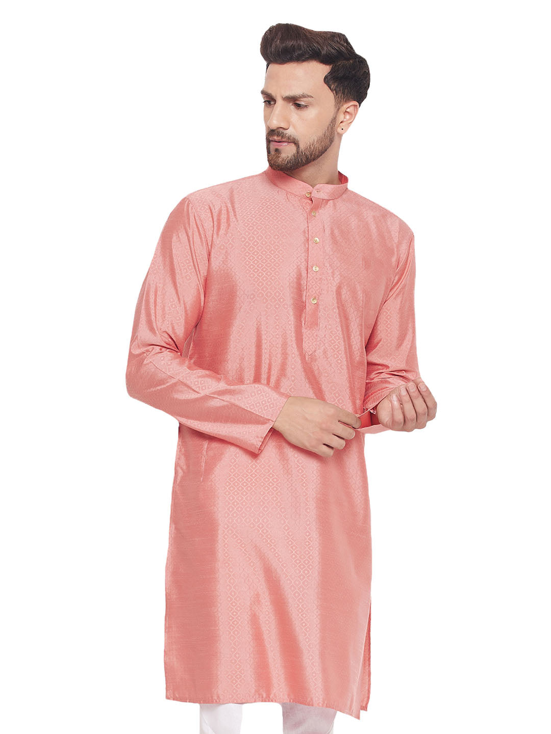 Men's Classic Ethnic Motif Jacquard Silk Blend Kurta With Golden Buttons - Vastramay