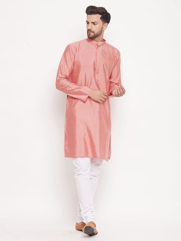 Jashvi Men's Pink Square Woven Design Silk Blend Kurta With White Pyjama Set