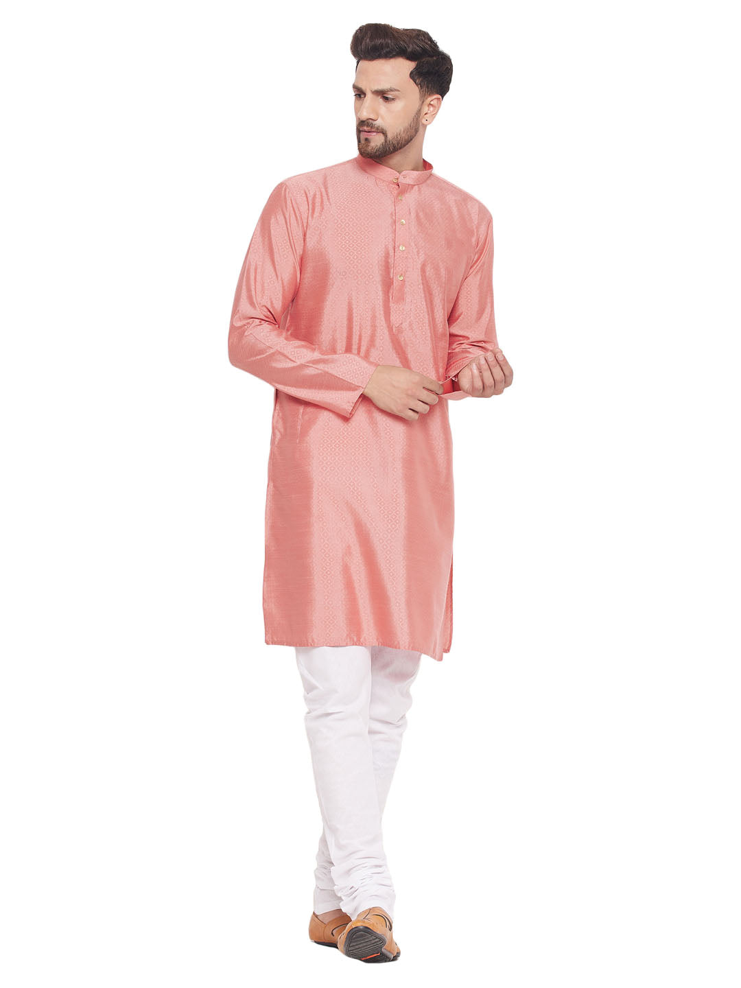 Men's Classic Ethnic Motif Jacquard Silk Blend Kurta With Golden Buttons And White Cotton Pyjama - Vastramay