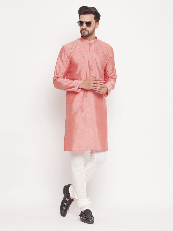 Jashvi Men's Pink Square Woven Design Silk Blend Kurta With Cream Pyjama Set