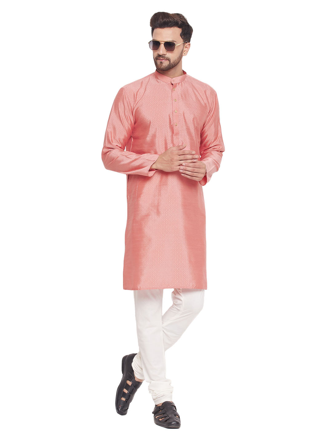 Men's Classic Ethnic Motif Jacquard Silk Blend Kurta With Golden Buttons And Cream Pyjama - Vastramay