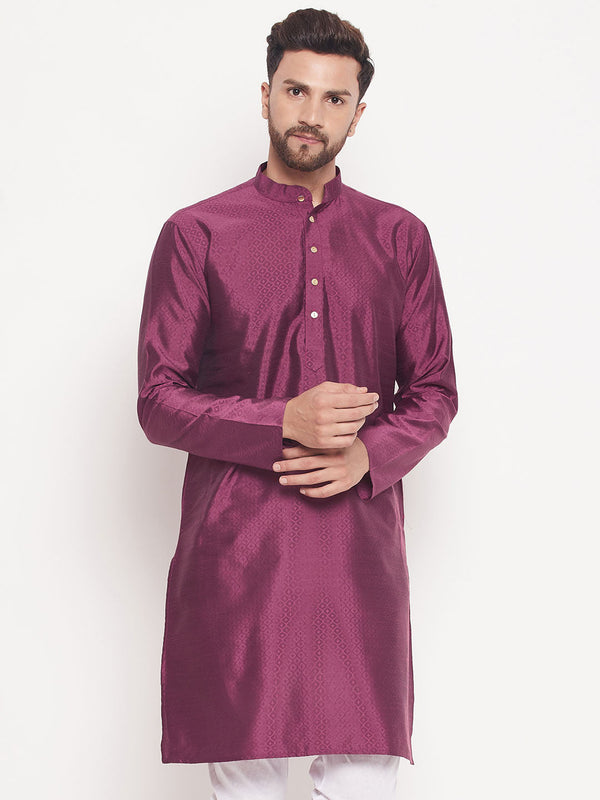 Jashvi Men's Purple Square Woven Design Silk Blend Kurta