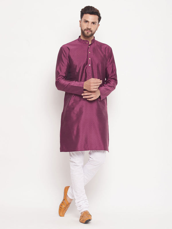 Jashvi Men's Purple Square Woven Silk Blend Kurta With White Pyjama Set