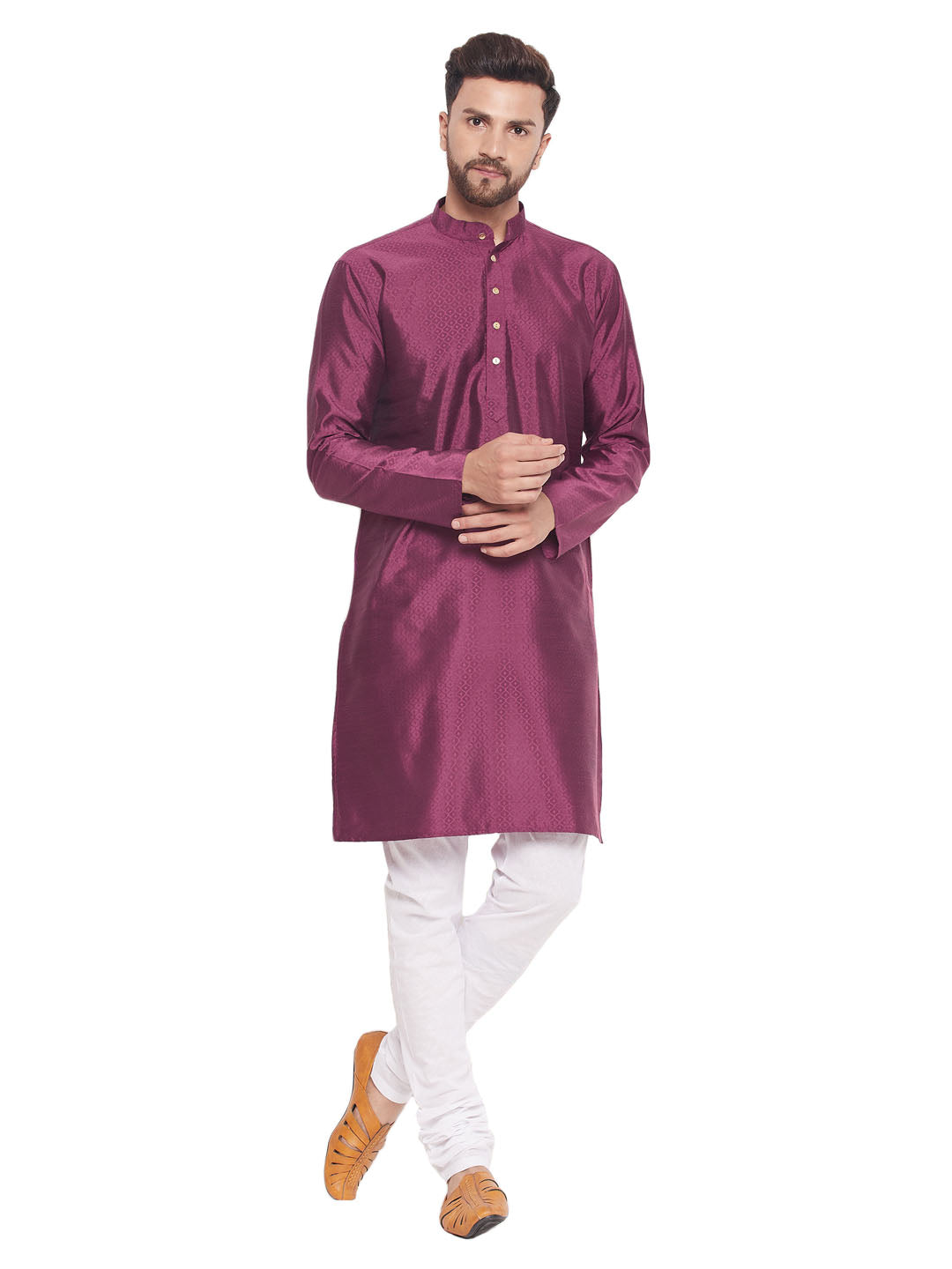 Men's Classic Ethnic Motif Jacquard Silk Blend Kurta With Golden Buttons And White Cotton Pyjama - Vastramay