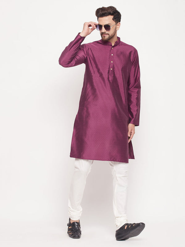 Jashvi Men's Purple Square Woven Design Silk Blend Kurta With Cream Pyjama Set