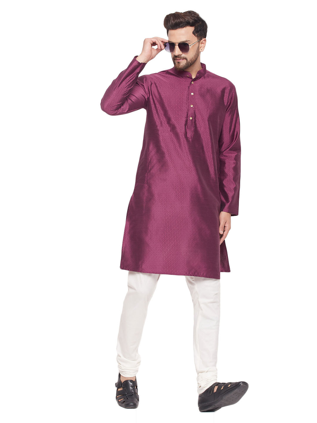 Men's Classic Ethnic Motif Jacquard Silk Blend Kurta With Golden Buttons And Cream Pyjama - Vastramay