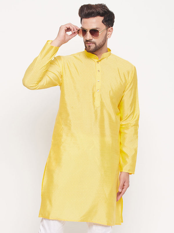 Jashvi Men's Yellow Square Woven Design Silk Blend Kurta