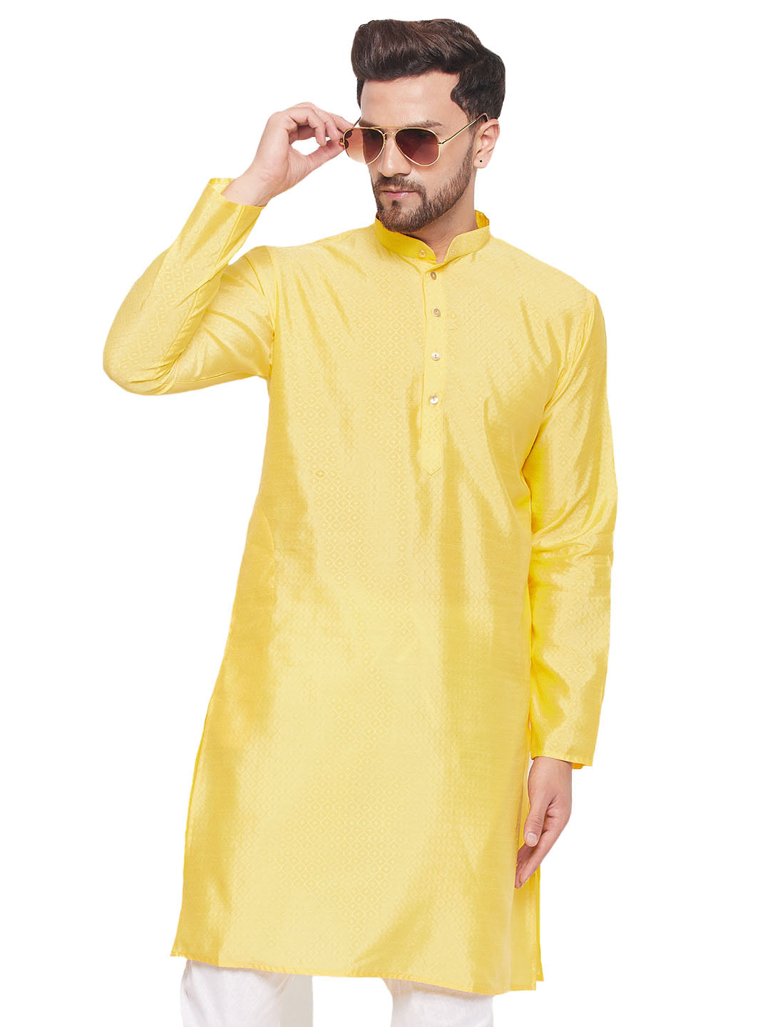 Men's Classic Ethnic Motif Jacquard Silk Blend Kurta With Golden Buttons - Vastramay