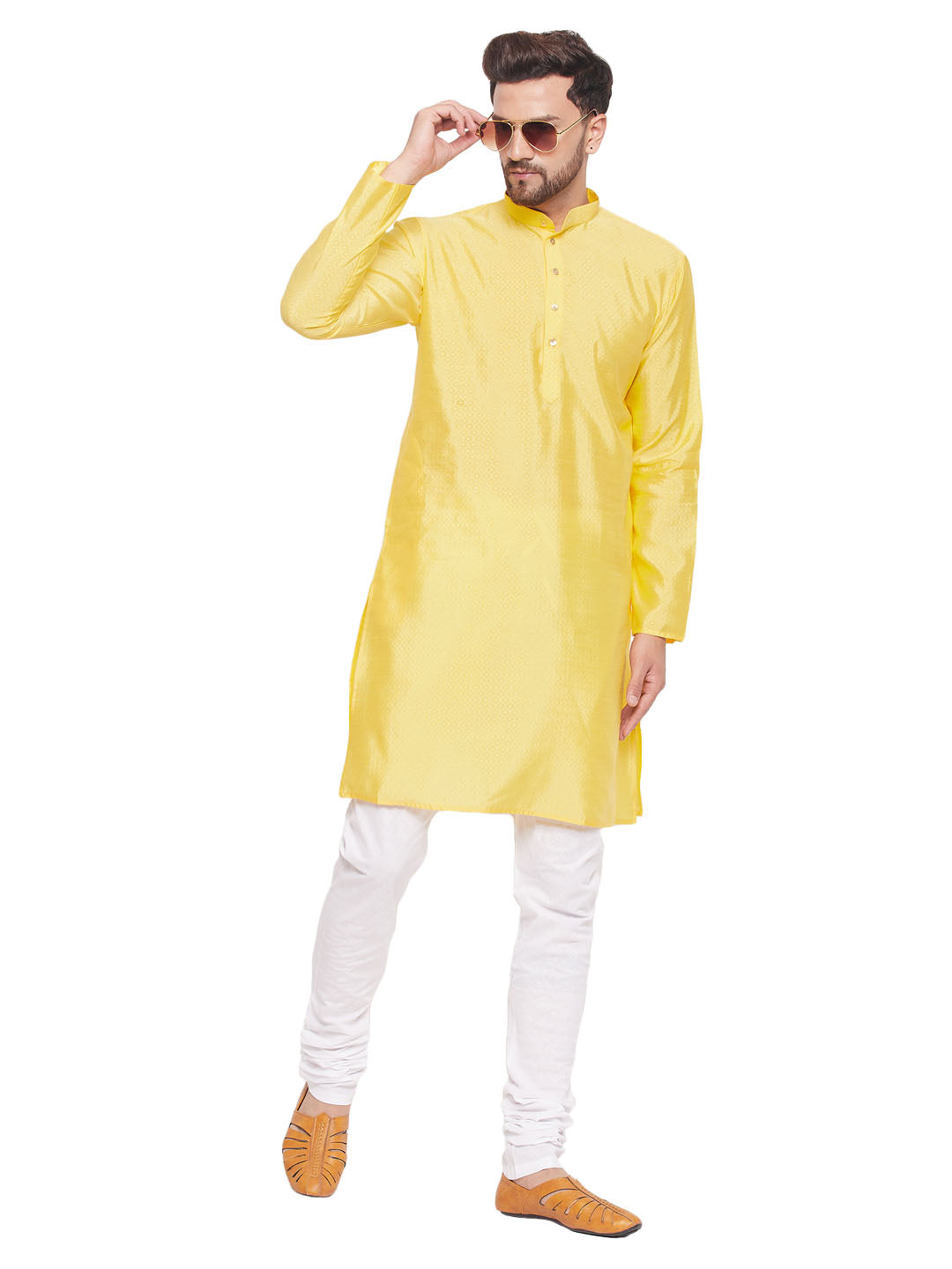 Men's Classic Ethnic Motif Jacquard Silk Blend Kurta With Golden Buttons And White Cotton Pyjama - Vastramay