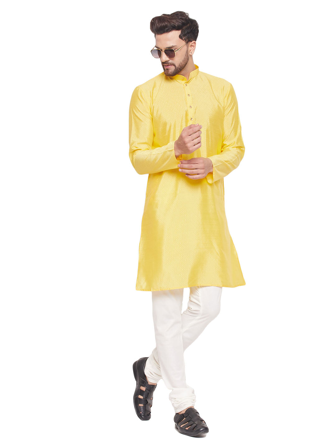 Men's Classic Ethnic Motif Jacquard Silk Blend Kurta With Golden Buttons And Cream Pyjama - Vastramay