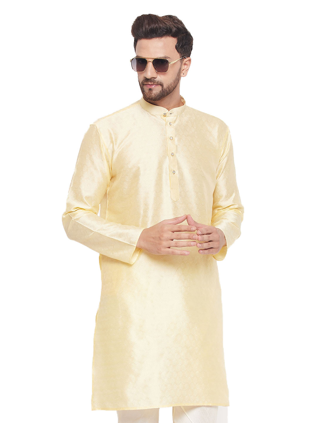 Men's Ethnic Motif Jacquard Silk Blend Kurta With Embellished Buttons - Vastramay