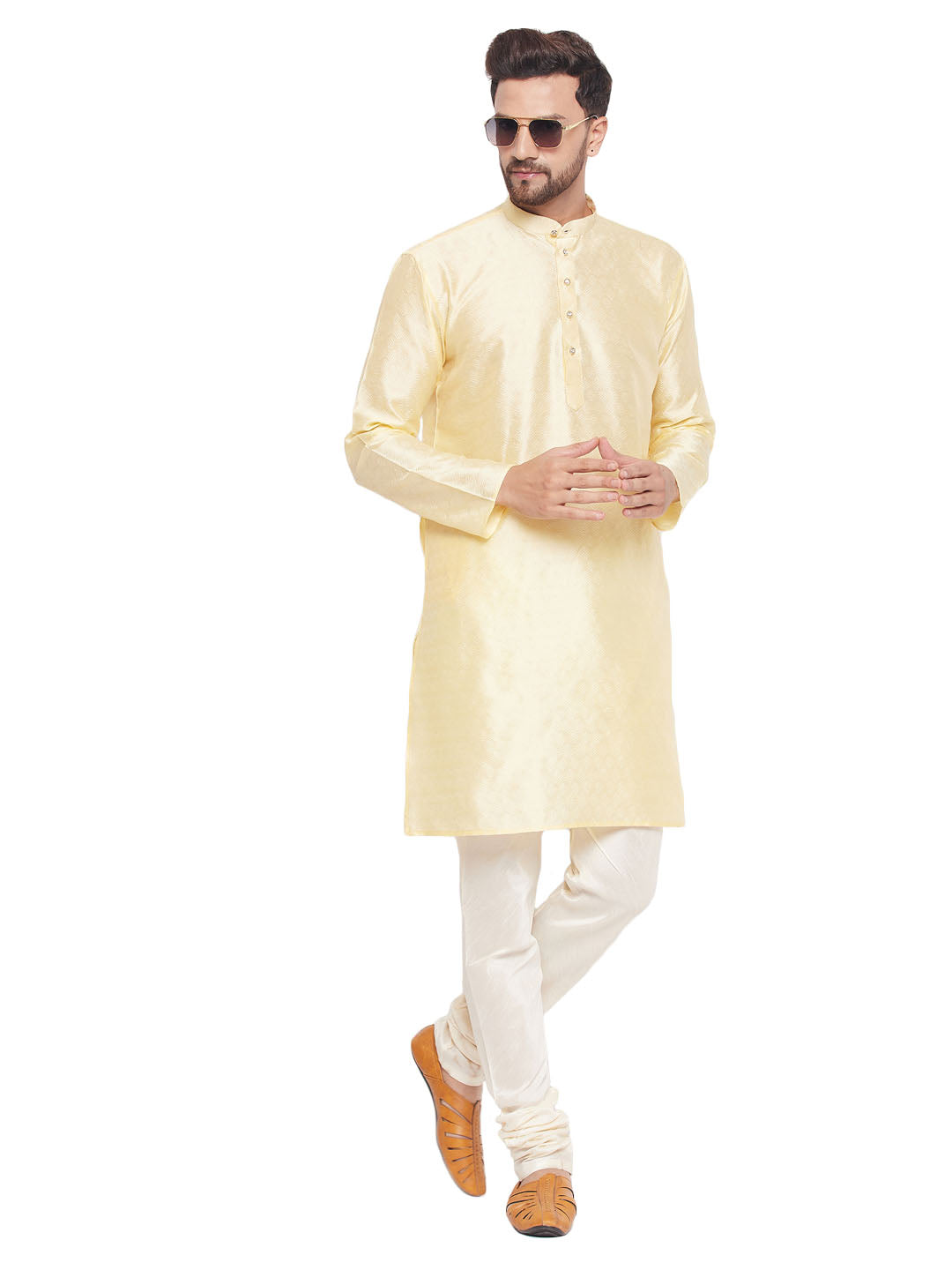 Men's Ethnic Motif Jacquard Silk Blend Kurta With Embellished Buttons And Cream Pyjama - Vastramay