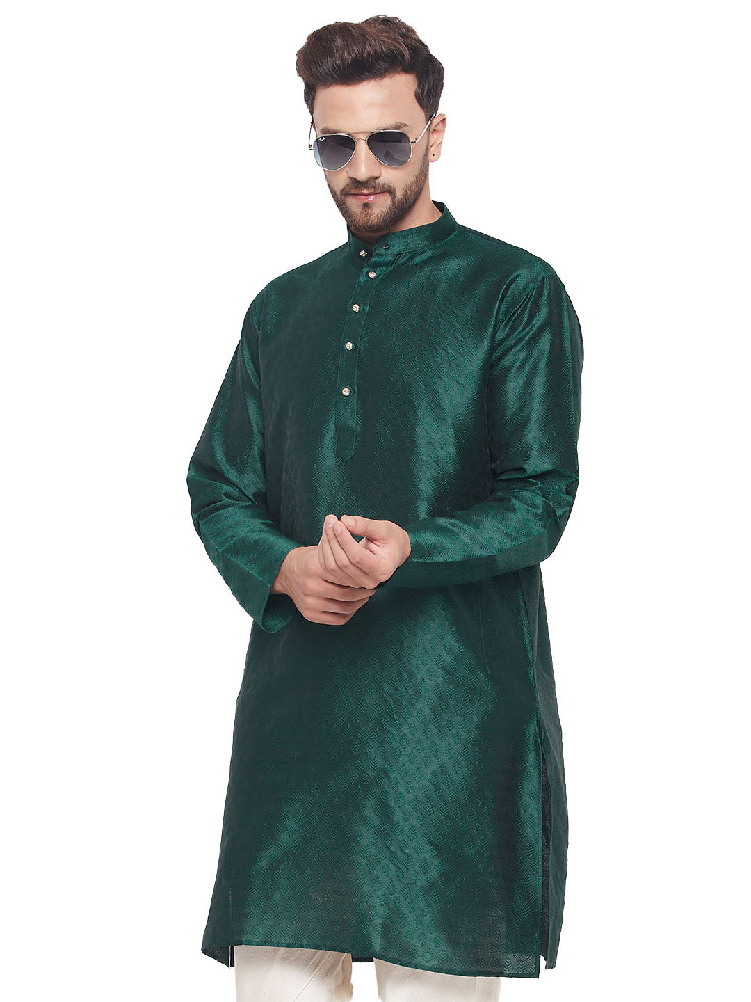 Men's Ethnic Motif Jacquard Silk Blend Kurta With Embellished Buttons - Vastramay