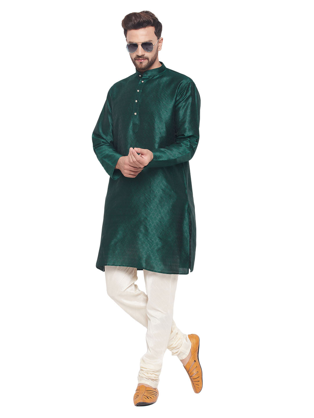 Men's Ethnic Motif Jacquard Silk Blend Kurta With Embellished Buttons And Cream Pyjama - Vastramay