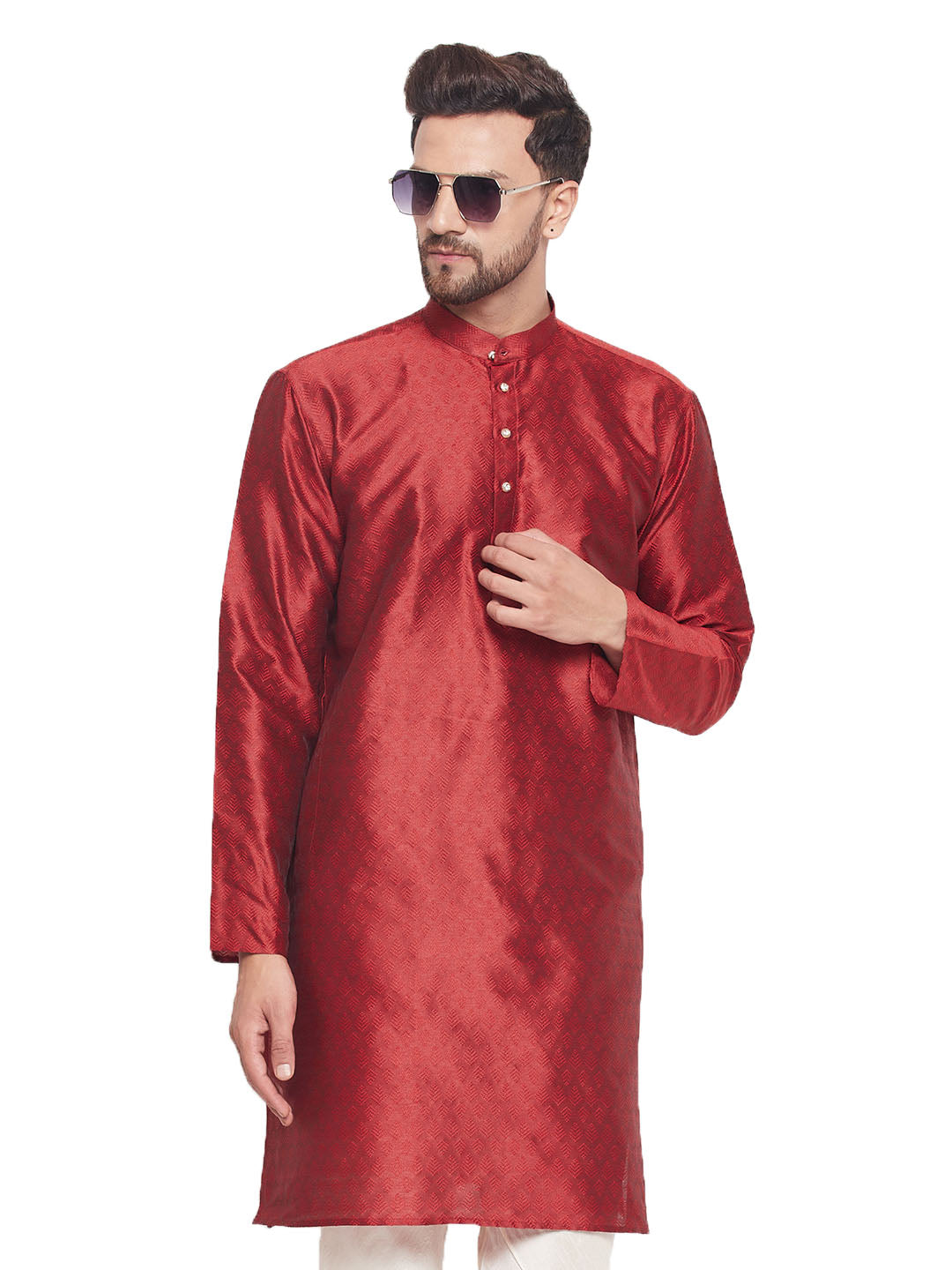 Men's Ethnic Motif Jacquard Silk Blend Kurta With Embellished Buttons - Vastramay