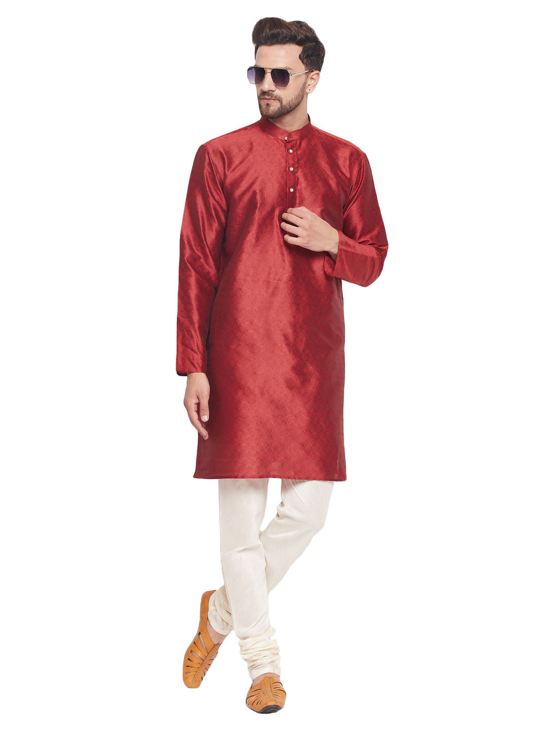 Men's Ethnic Motif Jacquard Silk Blend Kurta With Embellished Buttons And Cream Pyjama - Vastramay