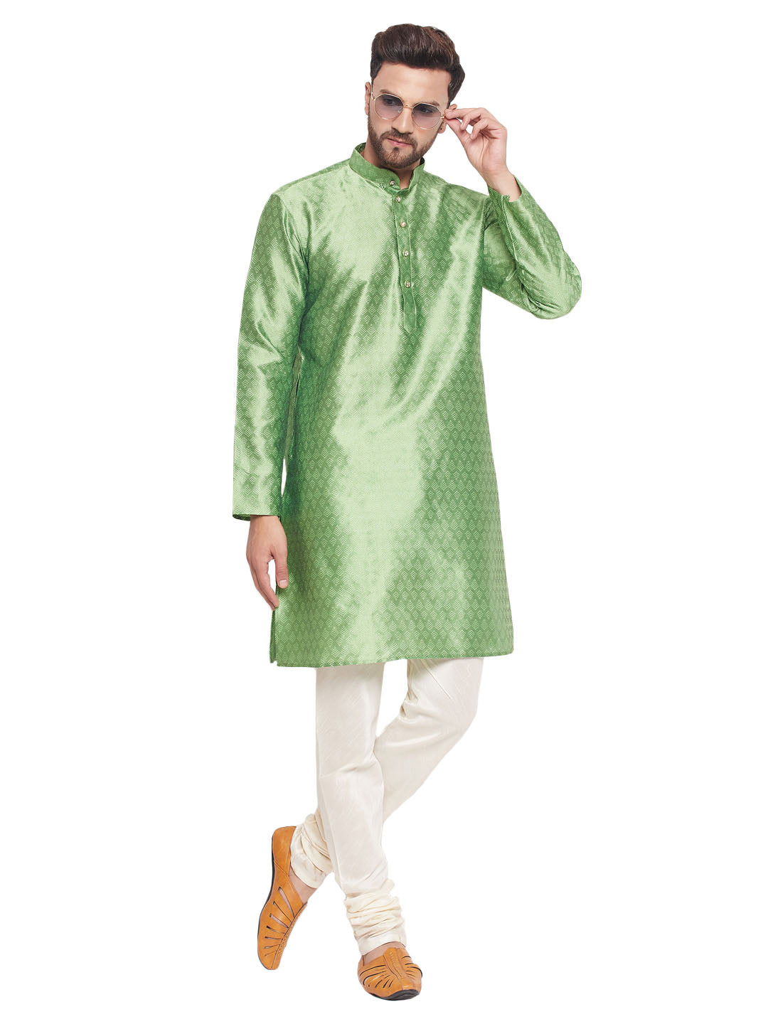 Men's Ethnic Motif Jacquard Silk Blend Kurta With Embellished Buttons And Cream Pyjama - Vastramay