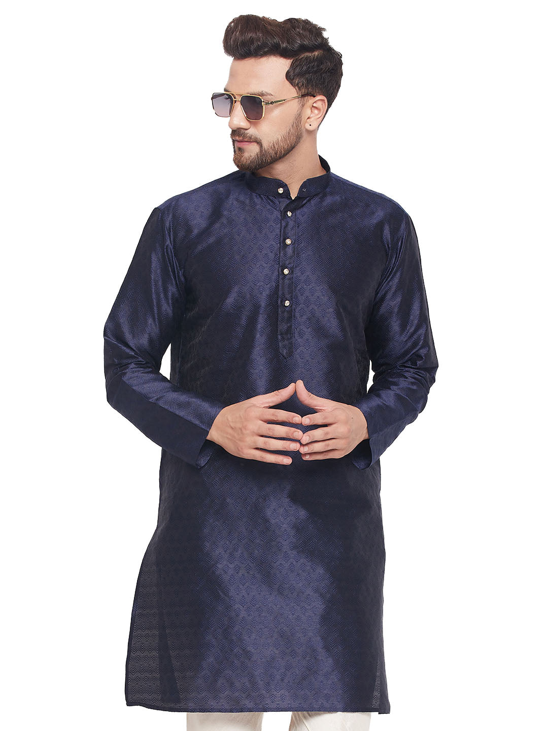 Men's Ethnic Motif Jacquard Silk Blend Kurta With Embellished Buttons - Vastramay