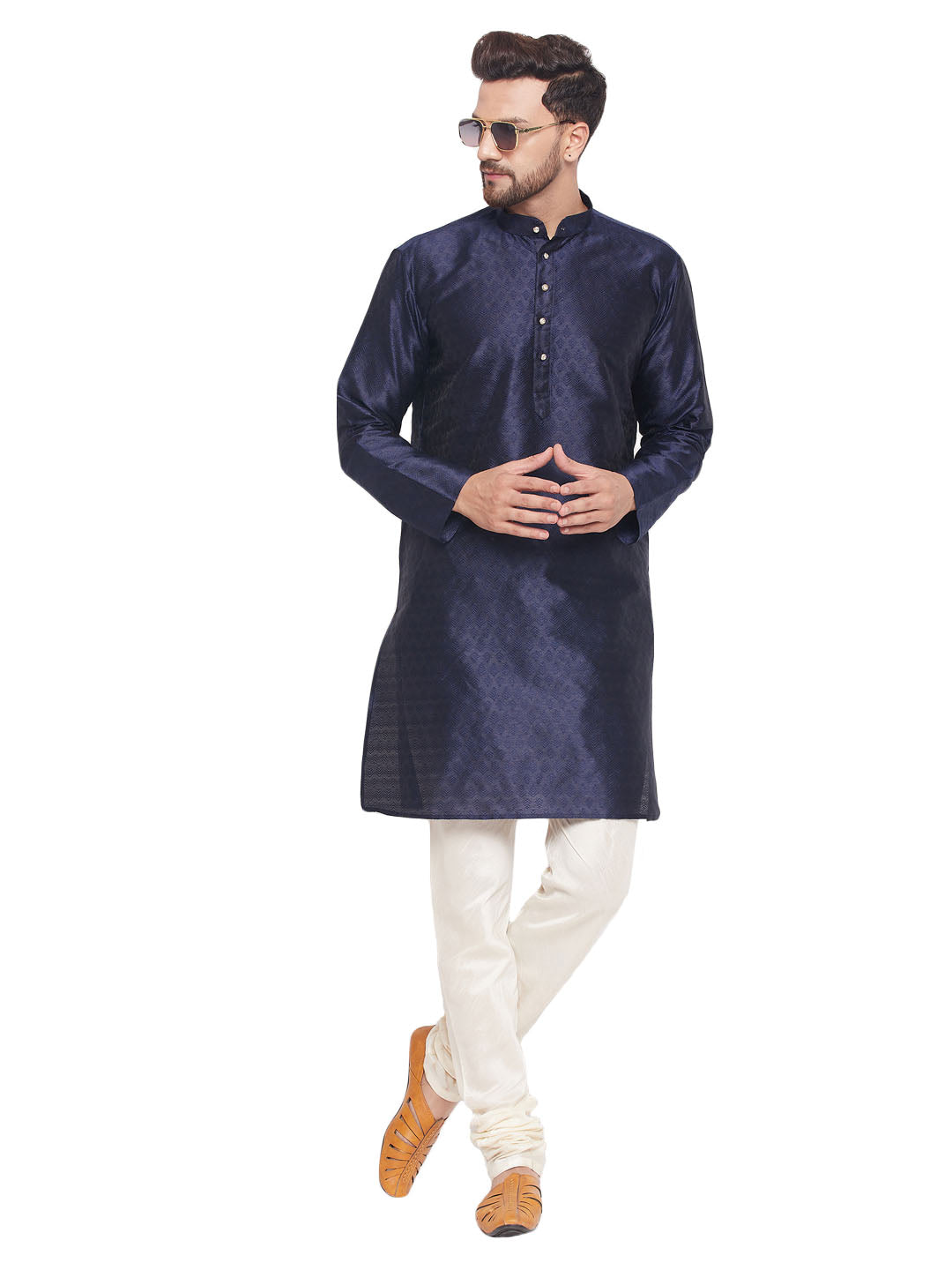 Men's Ethnic Motif Jacquard Silk Blend Kurta With Embellished Buttons And Cream Pyjama - Vastramay