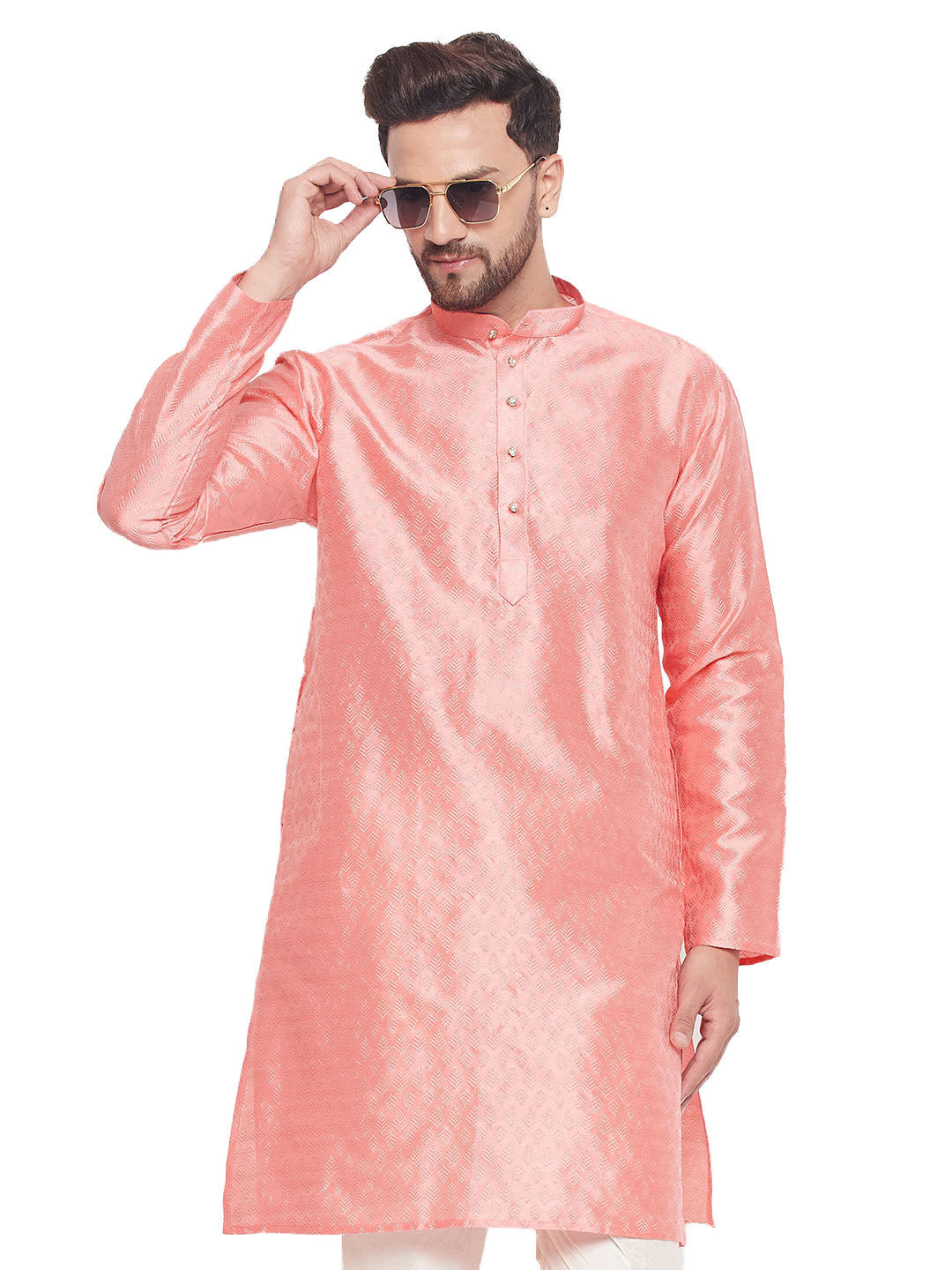 Men's Ethnic Motif Jacquard Silk Blend Kurta With Embellished Buttons - Vastramay