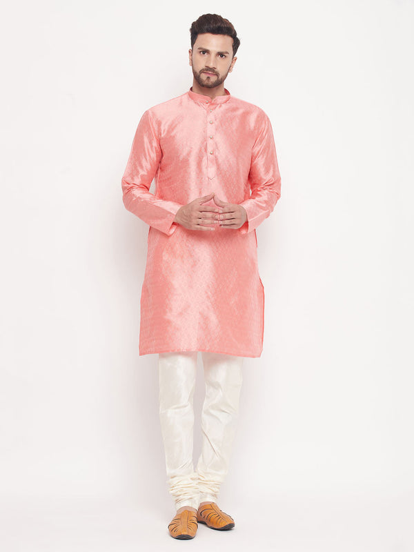 Jashvi Men's Pink Woven Silk Blend Kurta Pyjama Set