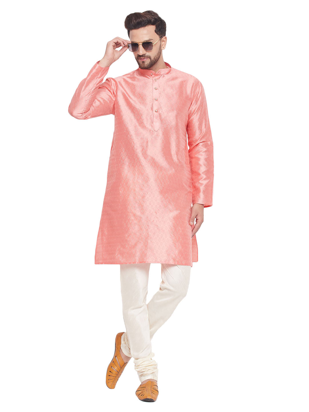 Men's Ethnic Motif Jacquard Silk Blend Kurta With Embellished Buttons And Cream Pyjama - Vastramay