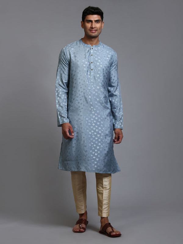 Jashvi Men's Grey Jacquard Kurta with Pant Set