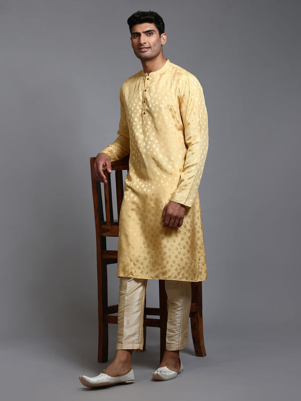 Jashvi Men's Yellow Jacquard Kurta with Pant Set