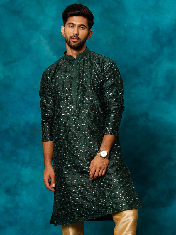 Jashvi Men's Green Silk Blend Embellished Kurta