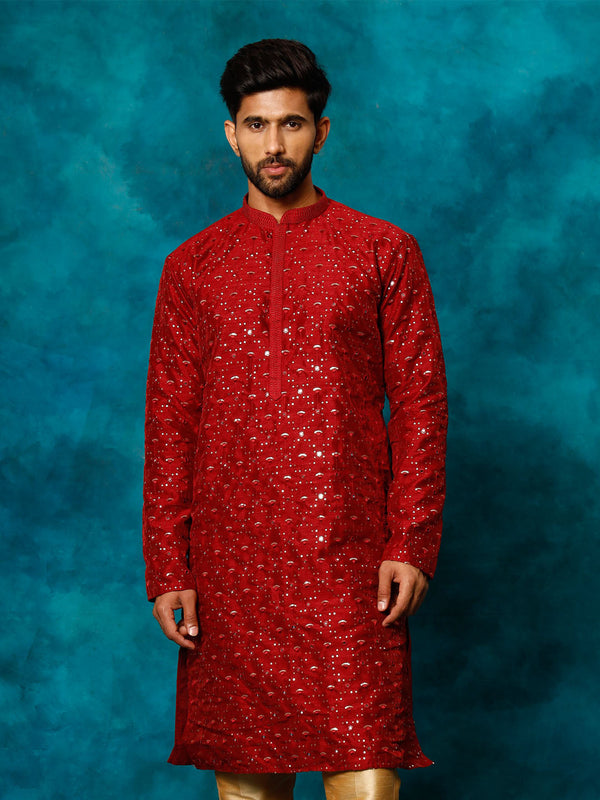 Jashvi Men's Maroon Silk Blend Embellished Kurta