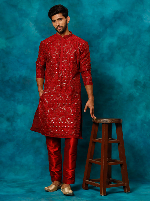 Jashvi Men's Maroon Silk Blend Kurta Pyjama Set