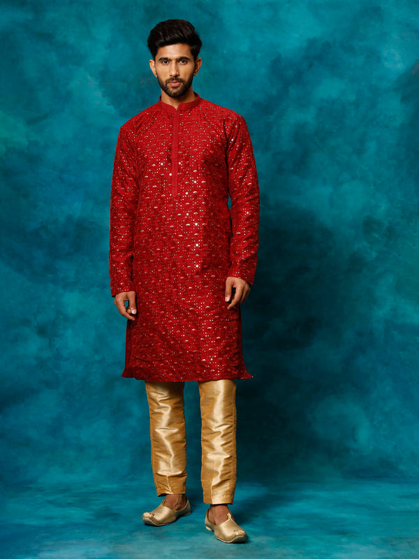 Jashvi Men's Maroon Silk Blend Kurta Pyjama Set