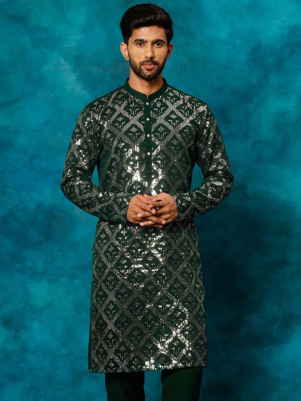 Jashvi Men's Green Embellished Georgette Kurta