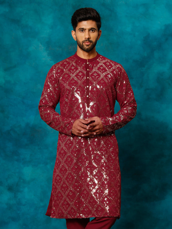 Jashvi Men's Maroon Embellished Georgette Kurta