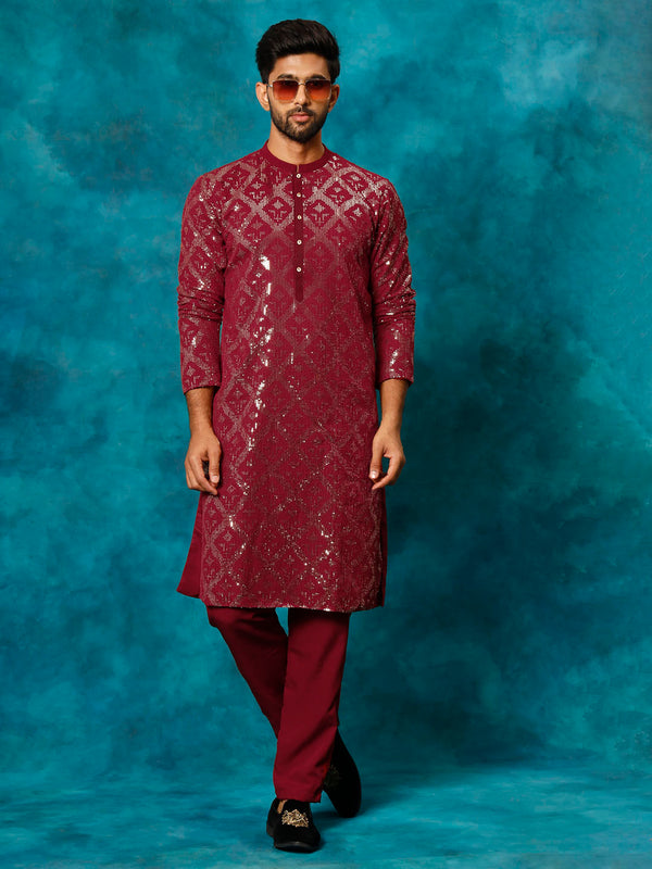 VM Men's Maroon Embellished Georgette Kurta Pyjama Set