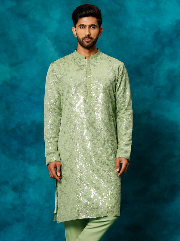 Jashvi Men's Mint Green Embellished Georgette Kurta