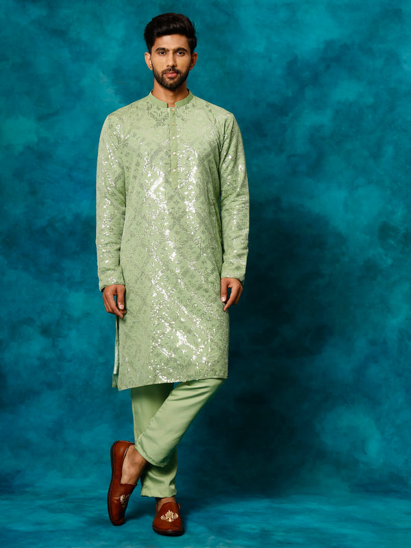 VM Men's Mint Green Embellished Georgette Kurta Pyjama Set