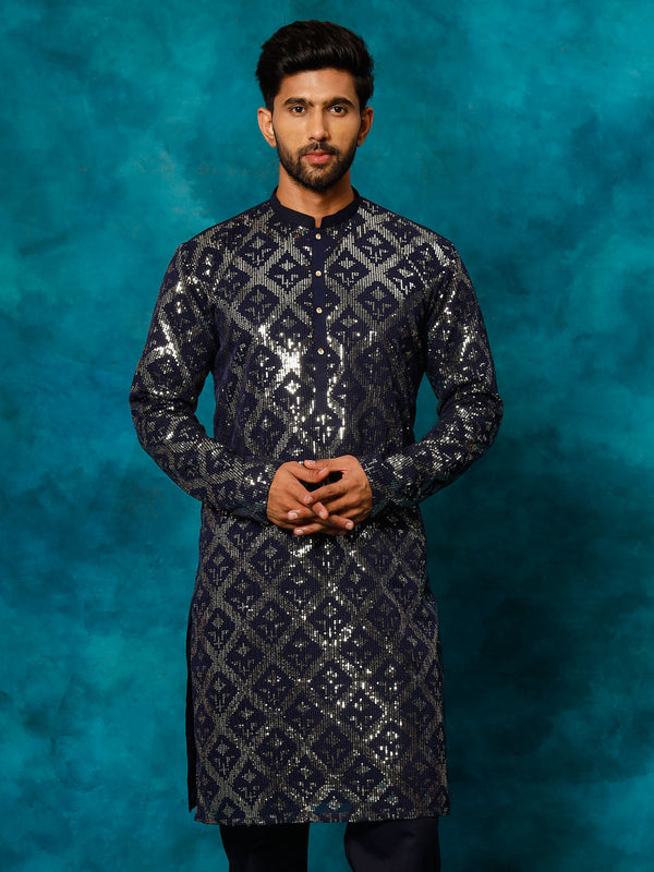 Jashvi Men's Navy Blue Embellished Georgette Kurta