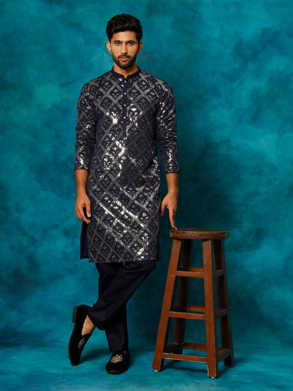 VM Men's Mint Navy Blue Embellished Georgette Kurta Pyjama Set