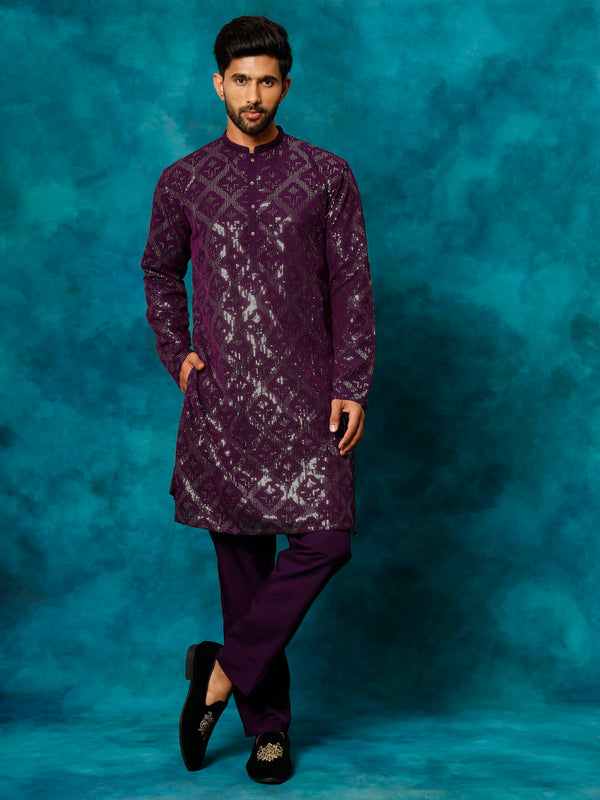 VM Men's Purple Embellished Georgette Kurta Pyjama Set