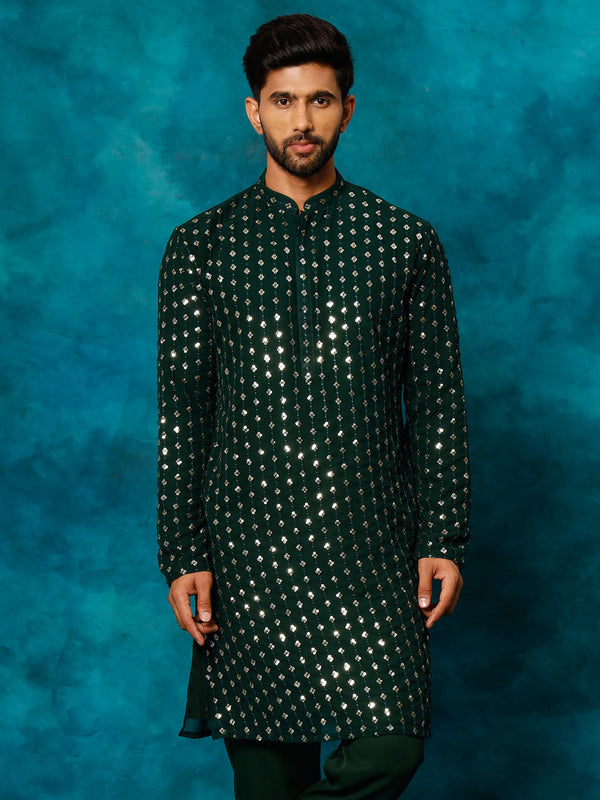 Jashvi Men's Green Georgette Sequins Kurta