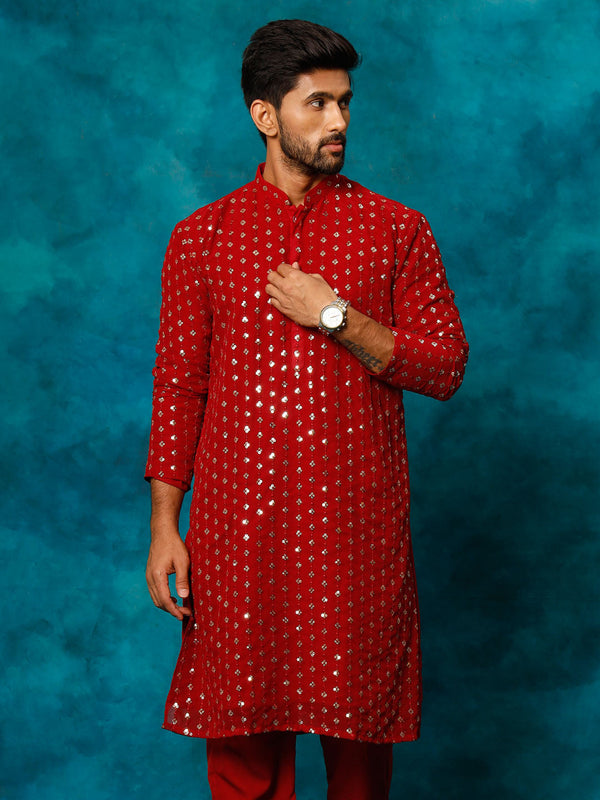 Jashvi Men's Maroon Georgette Sequins Kurta