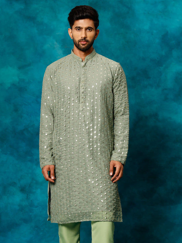 Jashvi Men's Mint Green Georgette Sequins  Kurta