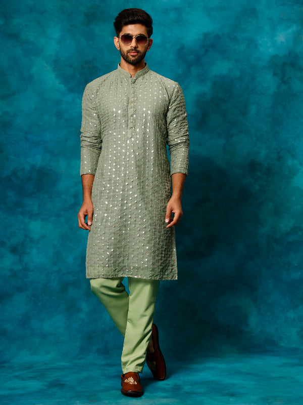 VM Men's Mint Green Georgette Sequins Kurta Pyjama Set