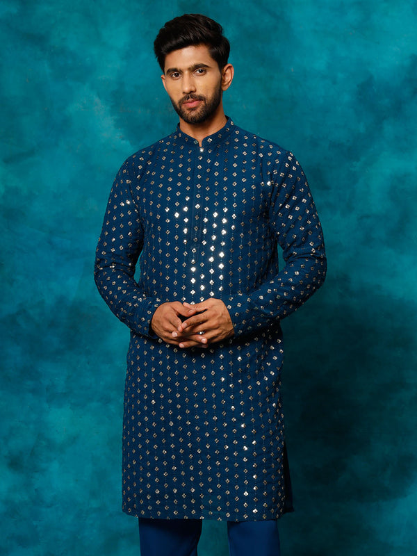 Jashvi Men's Navy Blue Georgette Sequins Kurta