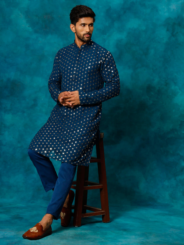 VM Men's Navy Blue Georgette Sequins Kurta Pyjama Set