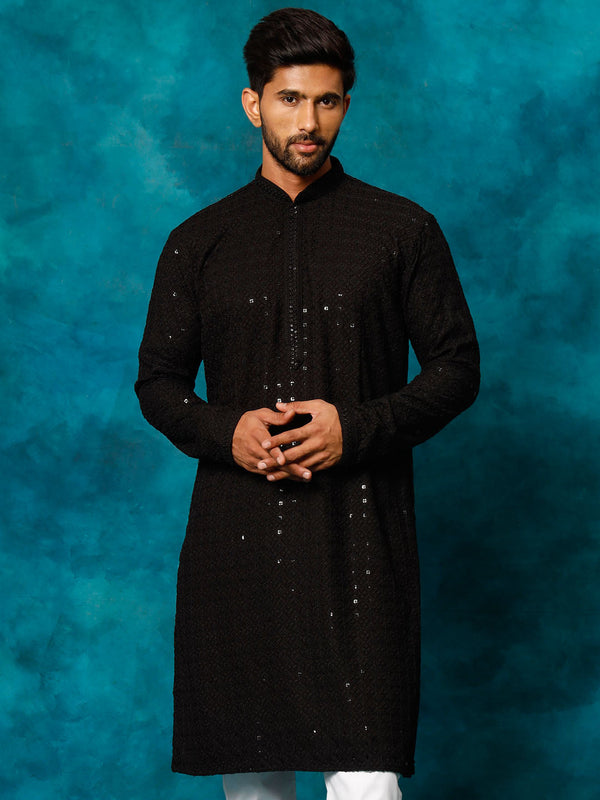 Jashvi Men's Black Rayon Schiffli Kurta