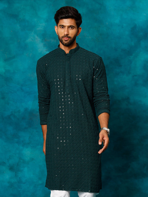 Jashvi Men's Green Rayon Schiffli  Kurta